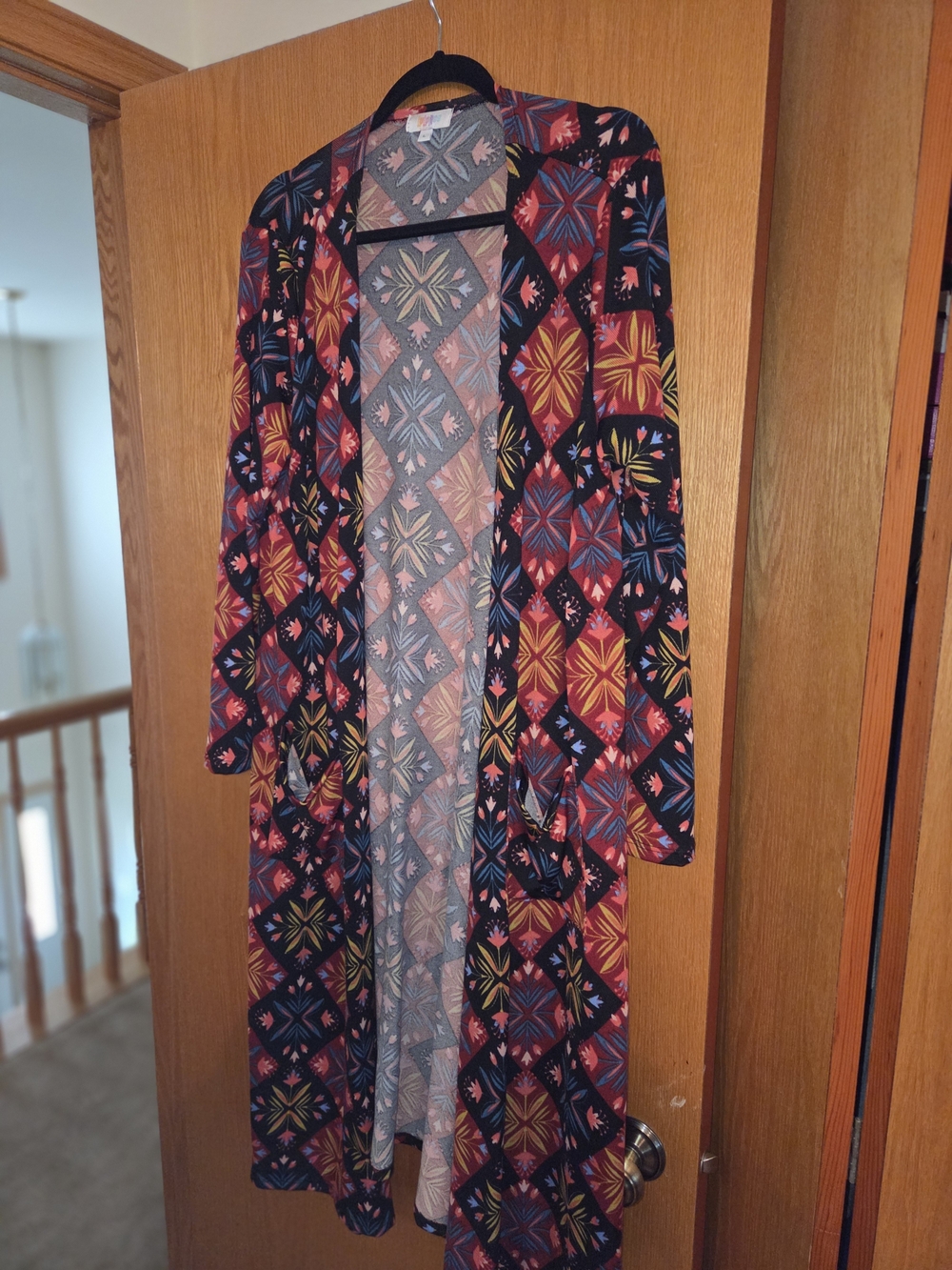 LuLaRoe Long Open-Front Cardigan in Black with Red, Yellow & Blue Diamond Print